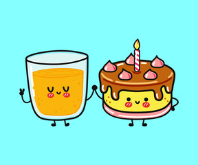 Cute, funny happy orange juice and cake character. Vector hand drawn cartoon kawaii characters, illustration icon. Funny cartoon orange juice and cake friends concept