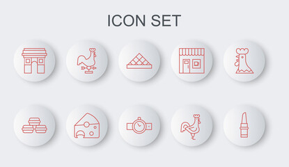 Set line Lipstick, Macaron cookie, Louvre museum, French rooster, Triumphal Arch, Rooster weather vane, Cheese and Wrist watch icon. Vector