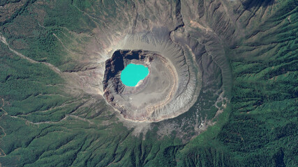 Santa Ana Volcano looking down aerial view from above, bird’s eye view Santa Ana Volcanic Crater,...