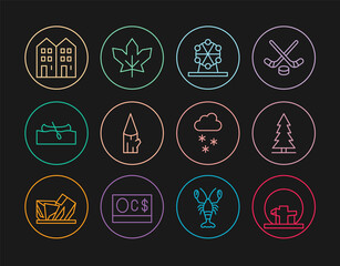 Set line Montreal Biosphere, Canadian spruce, Ferris wheel, Wooden log, Kayak or canoe, House, Cloud with snow and maple leaf icon. Vector