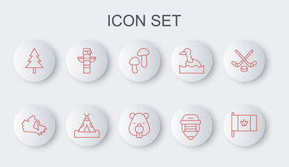 Set line Flag of Canada, map, Mushroom, Hockey helmet, Christmas tree, Canadian totem pole, Indian teepee or wigwam and Beaver animal icon. Vector © vector_v