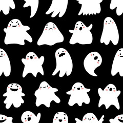 Seamless pattern with cute ghosts in cute cartoon doodle style on a black background. Vector illustration background for halloween.
