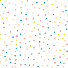 Seamless cute minimalistic childish gentle pattern with multicolored dots in pastel colors on a white background. Vector illustration background.