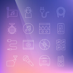 Set line Music player, file document, Electric plug, note, tone, Disco ball, festival flag and Oscilloscope icon. Vector