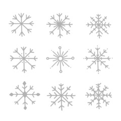 Set of different hand draw icons or symbols of snowflakes. Vector illustration isolated on background.