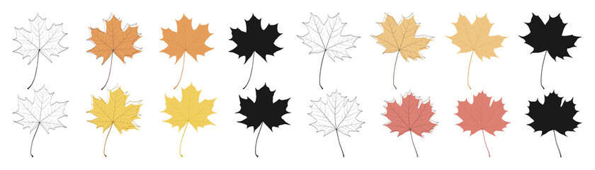 Fototapeta premium Set of autumn maple leaves isolated on white background. Flat style, outline, silhouette. Vector elements for design.