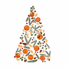 Christmas tree made of decorations. Hand-drawn Christmas tree made of cones, twigs, spruce, tangerine and berries. Festive postcard. Raster illustration 
