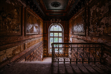 Old vintage staircase at the old abandoned mansion, Former Philipov manor, Moscow region.