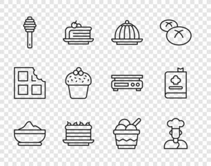 Set line Flour bowl, Cook, Pudding custard, Cake, Honey dipper stick, Ice cream and Cookbook icon. Vector