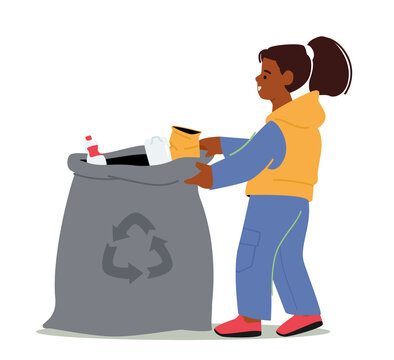 recommend clip art: Trash Cleanup, Ecology Protection, Litter Recycling Concept. Girl Throw Garbage into Sack Isolated on White Background