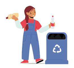 World Environment Day, Save Plane Concept. Little Girl Throw Trash to Recycling Litter Bin Isolated on White Background