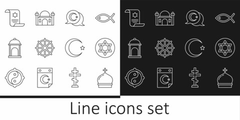 Set line Church tower, Star of David, and crescent, Dharma wheel, Muslim Mosque, Torah scroll, and icon. Vector
