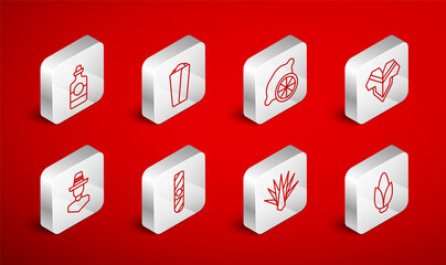 Set line Corn, Burrito, Lemon, Poncho, Agave, Tequila bottle, Cigar and Mexican man sombrero icon. Vector