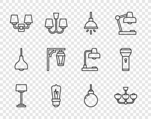 Set line Floor lamp, Chandelier, Light bulb, Wall sconce, Vintage street light, Lamp hanging and Flashlight icon. Vector