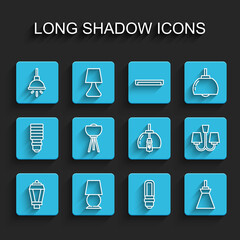 Set line Garden light lamp, Table, Chandelier, LED bulb, Lamp hanging, Floor, and icon. Vector