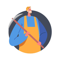 Coal Mining Concept. Mine Worker in Uniform and Helmet Holding Pickaxe in Hands Isolated Icon. Quarry Miner at Work