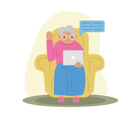 Happy grandmother with laptop. Technology and the elderly. Grandma is sitting on an armchair. Vector illustration.
