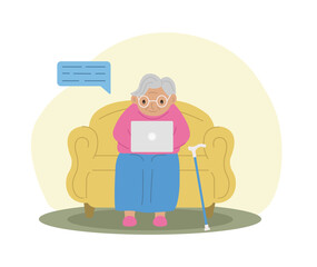 Happy grandmother with laptop. Technology and the elderly. Grandma is sitting on the couch. Vector illustration.