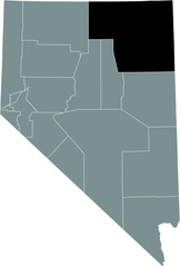 Black highlighted location map of the Elko County inside gray map of the Federal State of Nevada, USA