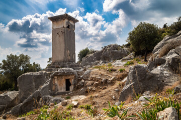 Fototapeta na wymiar Tombs in Xanthos Ancient City, the capital of Lycia. Kinik village, between Fethiye and Kas, Turkey.