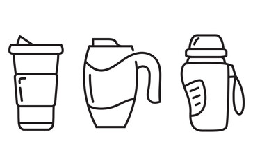 Set thermo mug,thermos cup for hot drinks. Outline vector illustration.Isolated on white background.