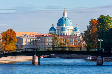 Trinity Cathedral (Troitskiy Sobor) and Fontanka river in autumn, Saint Petersburg, Russia