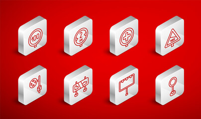 Set line Road traffic sign, Hospital road, Steep ascent and descent, Billboard with lights, Speed limit, and Stop camera icon. Vector