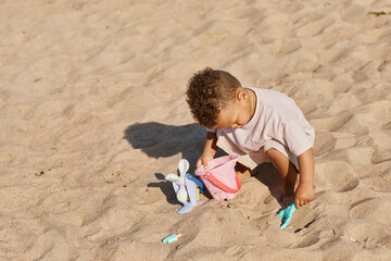 Minimal high angle portrait of cute toddler boy playing in sand at beach in sunlight, copy space