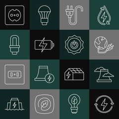 Set line Recharging, Nuclear power plant, Global energy planet, Electric plug, Battery, LED light bulb, Electrical outlet and Power button icon. Vector
