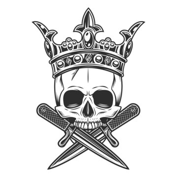 Gangster king skull in crown with crossed knife in vintage monochrome style isolated vector illustration. Skeleton of a bandit prince with crossed dagger.
