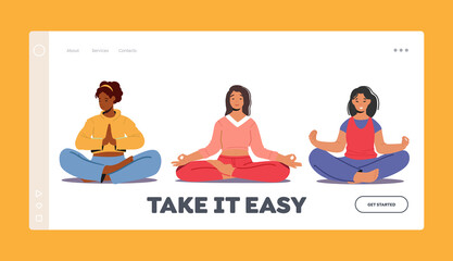 Meditating Women Landing Page Template. Multiracial Female Characters Sit in Relaxing Yoga Lotus Pose. Healthy Lifestyle