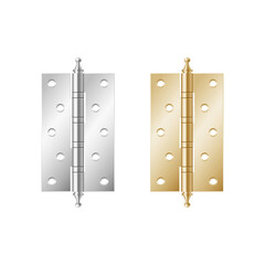 Golden and silver hinges for doors. Metal ironware with hole for fixing window or furniture