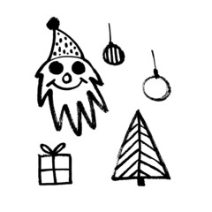 Vector image of Santa Claus, Christmas tree, New Year's toys and a gift. Brush drawing, sketching, minimalism, ink style. Christmas. Holiday. New Year. Black on white