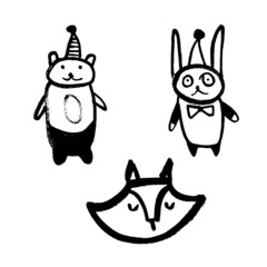 Vector image of three New Year's animals: bears, hares and foxes. Brush drawing, sketching, minimalism, ink style. Christmas. Holiday. New Year. Black on white