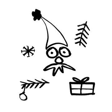 Vector image of Santa Claus, fir branches, snowflakes and a gift. Brush drawing, sketching, minimalism, ink style. Christmas. Holiday. New Year. Black on white
