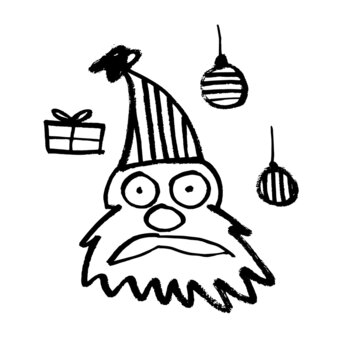 Vector image of Santa Claus, Christmas tree decorations and a gift. Brush drawing, sketching, minimalism, ink style. Christmas. Holiday. New Year. Black on white
