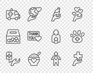 Set line Blood donation, Heart with cross, Donation water, food, Ambulance car, Thank you heart, Volunteer and Veterinary clinic icon. Vector