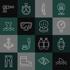 Set line Shark, Aqualung, Gauge scale, Diving knife, mask, Whale tail, Fishing harpoon and Pearl icon. Vector