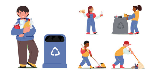 Set of Children Characters Collect Trash. Ecology Protection, Social Charity Concept. Kids Volunteers Cleaning Garbage,