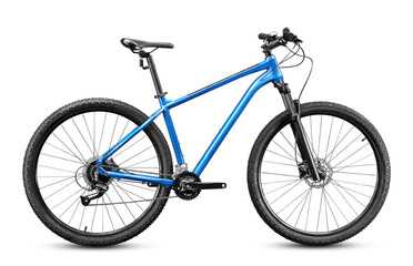 New mountain bicycle with 29 inches wheels and blue frame isolated on white background.