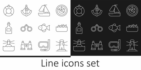 Set line Lighthouse, Sharp stone reefs, Yacht sailboat, Binoculars, Rum bottle, Lifebuoy, Fish and Anchor icon. Vector