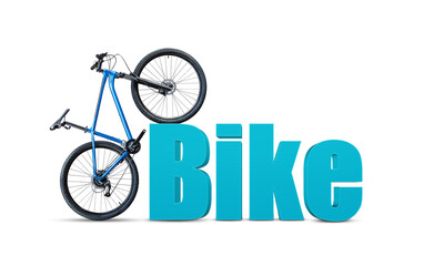 Blue mountain bicycle standing near word Bike on white background.