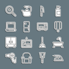 Set line Electric iron, Bathtub, Cutting board, Knife, Refrigerator, Laptop, Frying pan and Microwave oven icon. Vector