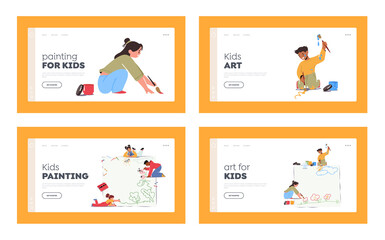 Obraz na płótnie Canvas Kids Painting Landing Page Template Set. Little Boys and Girls Characters with Brush or Colored Pencils Create Pictures