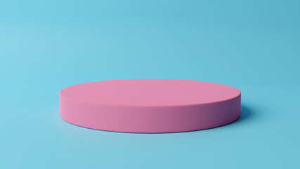 Pink Cylinder podium on bright blue background. Stage 3d render for product in podium background. Minimal 3d rendering. Showcase, display case