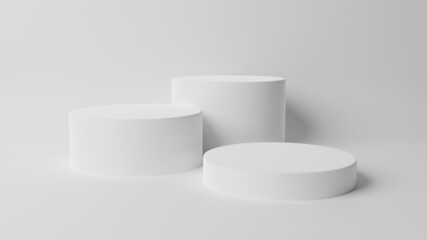 Cylinder podiums in white colors. Stage 3d render for product in podium background. Minimal 3d rendering. Showcase, display case