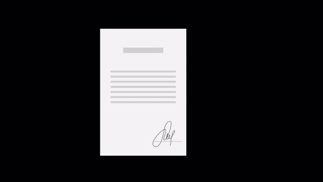 Businessman hand signs document or contract animation, legal agreement with signature and stamp on top, 2d flat cartoon design with alpha channel and luma matte. paper signing, making deal