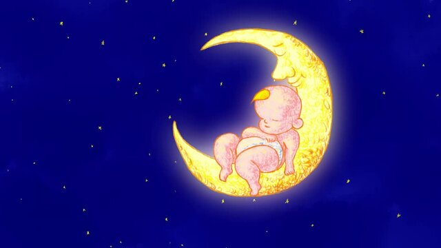 Baby Sleeping on the Moon Hand-drawn Animation. 4K HD Bedtime Song Crayon Doodle Anime. Children Room Background Drop Video