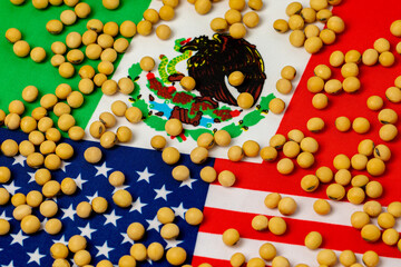 United States of America, Mexico flags and soybeans. Agriculture trade agreement, imports and exports concept. - obrazy, fototapety, plakaty