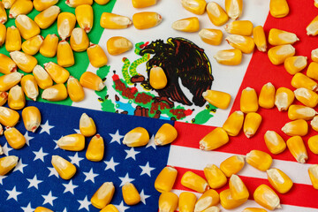United States of America, Mexico flags and corn kernels. Agriculture trade agreement, imports and exports concept. - obrazy, fototapety, plakaty